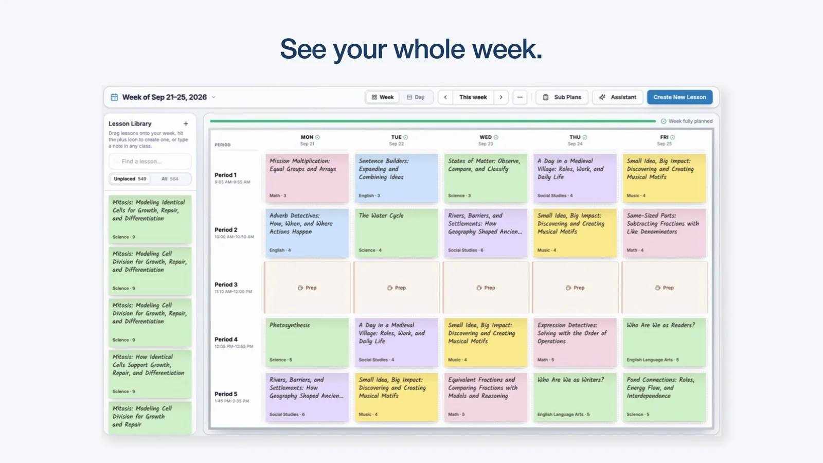 Full weekly planner with color-coded lessons in Lesson Maker Pro